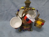 OUTSTANDING Jeweled demitasse cup holder w/ cups Attrib Austrian