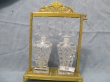 Czech Set of 2 Perfume bottles in holder w/ basket of flowers finial