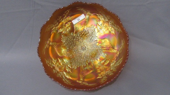 Fenton 10" marigold Stag & Holly ft'd ICS bowl