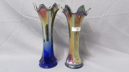 2 Fenton 7" blue Paneled Diamond & Bows vases