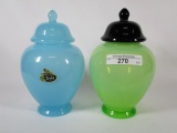 2 Fenton temple jars, Pekin blue & jade
