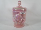 Fenton iridised rosalene Chessie Cat covered box