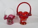 2 Fenton baskets, cranberry painted, red Georgian