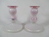 2 Fenton peach crest candleholders