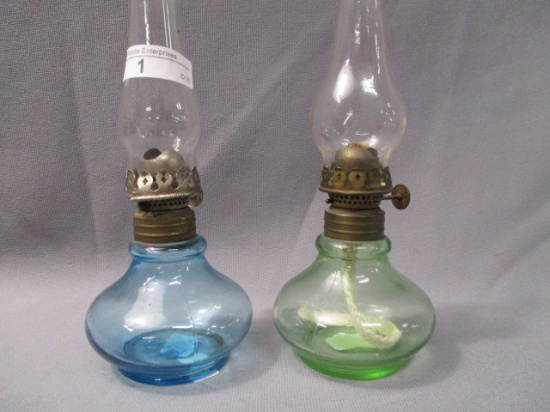 2 Miniature Oil Lamps Green and Blue