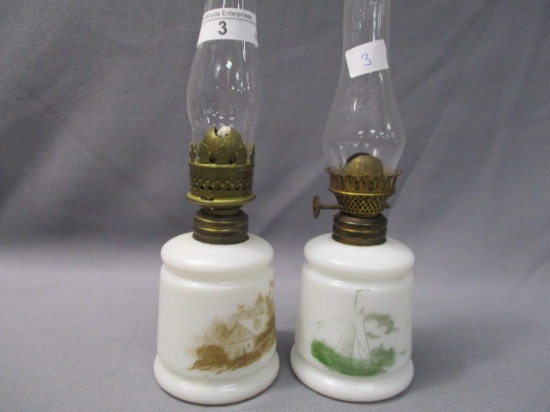 2  Milk Glass Miniature Oil Lamps