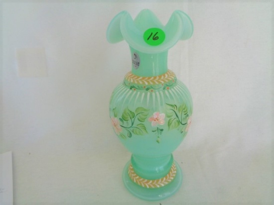 Fenton Green HP vase Designed by M Reynolds