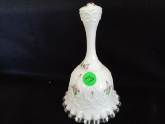 Fenton Violets in the Snow Spanish Lace Bell signed Bleake
