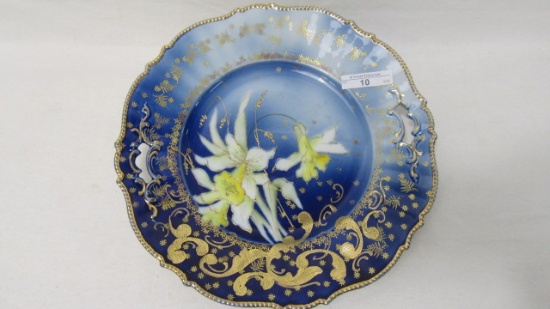 UM RS Prussia 10" cobalt & jonquil decorated cake plate. Mold 343