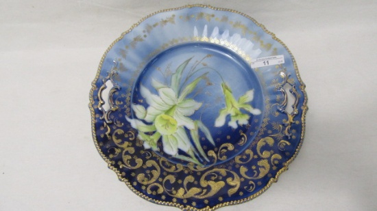 UM RS Prussia 11" cobalt & jonquil decorated cake plate. Mold 343