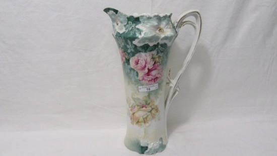 RS Prussia 12.5" carnation mold floral tankard w/ roses decor.
