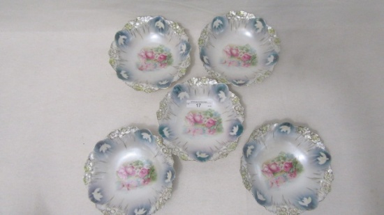 5 RS Prussia Icicle Mold 5" satin & floral berry bowls. Great set