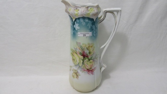UM RS Prussia 13" stipple floral mold floral tankard w/ yellow roses decor.