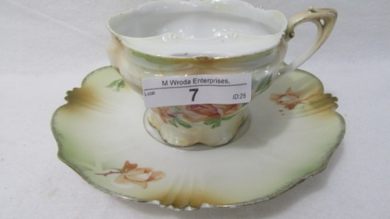 RS Prussia floral mustache cup & saucer set w/roses decor.