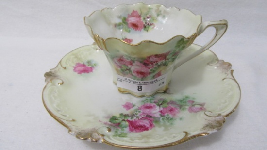 RS Poland floral coffee cup and plate w/ roses & daisies.