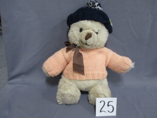 17"" Steiff Wooley bear with pink sweater and cap