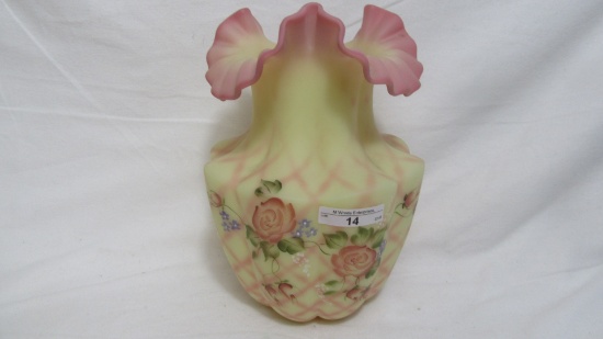 Fenton burmese 9" vase, HP by Frederick