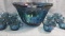 Contemporary Carnival Glass blue Indiana HArvest 11pc punch set
