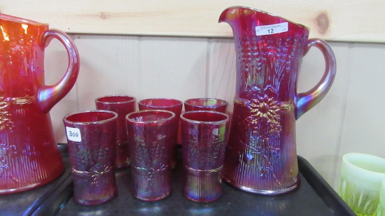 Gibson Contemporary Carnival Glass Red Wheat Sheath 7pc water set