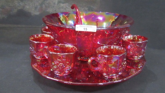Contemporary Carnival Glass red Panelled Grape 11pc punch set