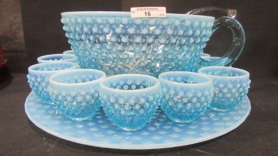 Fenton Art Glass Blue opal hobnail coffee cup 14pc punch set. RARE