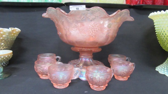 Westmoreland Contemporary Carnival Glass 8pc pink Panelled Grape punch set