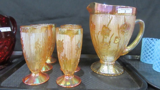 Fenton Art Glass Iris and Herringbone carnival 7pc water set