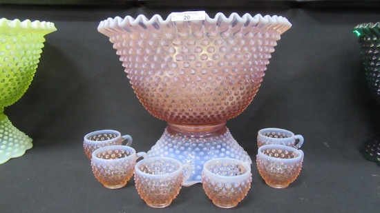 Fenton Art Glass 8pc pink opal hobnail CRE punch set