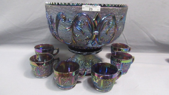 Contemporary Carnival  Glass Princess Feather 8pc purple punch set