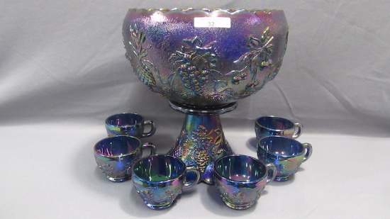 Contemporary Carnival Glass Many Fruits purple 8pc punch set