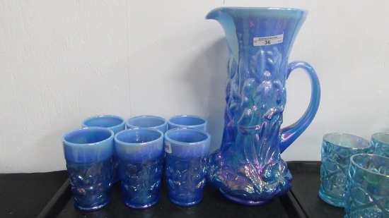 Gibson Contemporary Carnival Glass 7 pc Heavy Iris blue opal water set