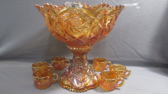 Contemporary Carnival Glass mari. Whirling Star 8 pc. punch set