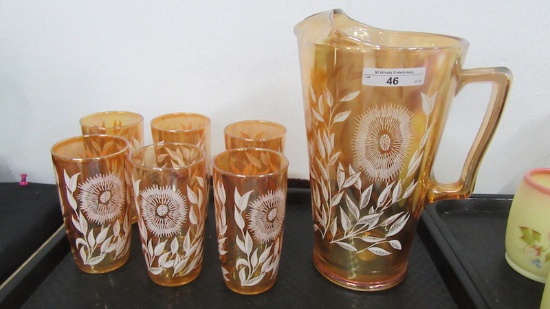 Contemporary Carnival Glass Painted 7pc water set