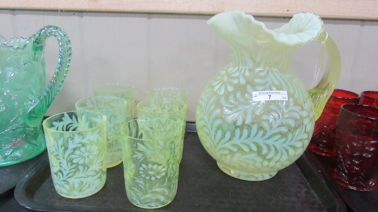 Fenton Art Glass Vaseline opal Daisy & Fern 7pc water set