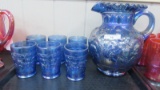 Contemporary Carnival Glass 7 pc blue Apple Tree water set