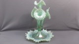 Fenton Art Glass green opal LG Wright 4 lily epergne