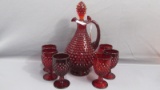 Fenton Art Glass ruby red Hobnail 8 pc. decanter set