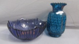 Fenton Art Glass Jamestown blue vase & bowl