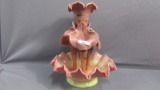 Fenton Art Glass hand painted burmese 4 lily epergne, Marilyn Wagner