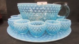 Fenton Art Glass Blue opal hobnail coffee cup 14pc punch set. RARE