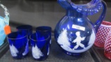 Fenton Art Glass blue MAry Gregory 5pc water set