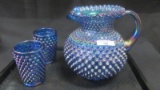 Fenton Art Glass blue carnival HObnail water pitcher and 2 tumblers