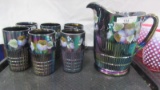 Fenton Art Glass Lincoln Decorated 7 pc black amy carnival water set- K. Sp