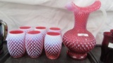 Fenton Art Glass Cranberry opal 7pc hobnail water set w/ tankard pitcher
