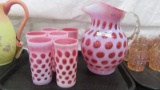 Fenton Art Glass 7pc cranberry opal coin dot- rare shape to find