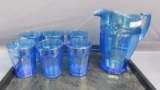 Fenton Art Glass celeste blue carnival wide panel 7pc water set