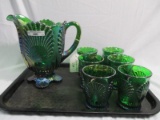 Fenton Art Glass 7pc emerald Beaded Shell water set