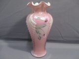 Fenton Art Glass Rose cased hand painted feather vase