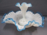 Fenton Art Glass blue crest epergne bowl - lily and block. block has crack