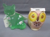 Fenton Art Glass Decorated owl and sitting cat